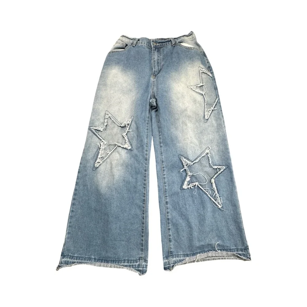 SHEIN Curve Jeans Womens 0XL Light Wash Star Patchwork Wide Leg Distressed Denim - Picture 1 of 11